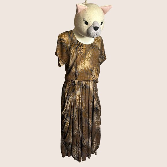 🐆 VTG 80s RABBIT RABBIT RABBIT DESIGNS ANIMAL CHEETAH PRINT DRAPE FRONT DRESS - Picture 1 of 12